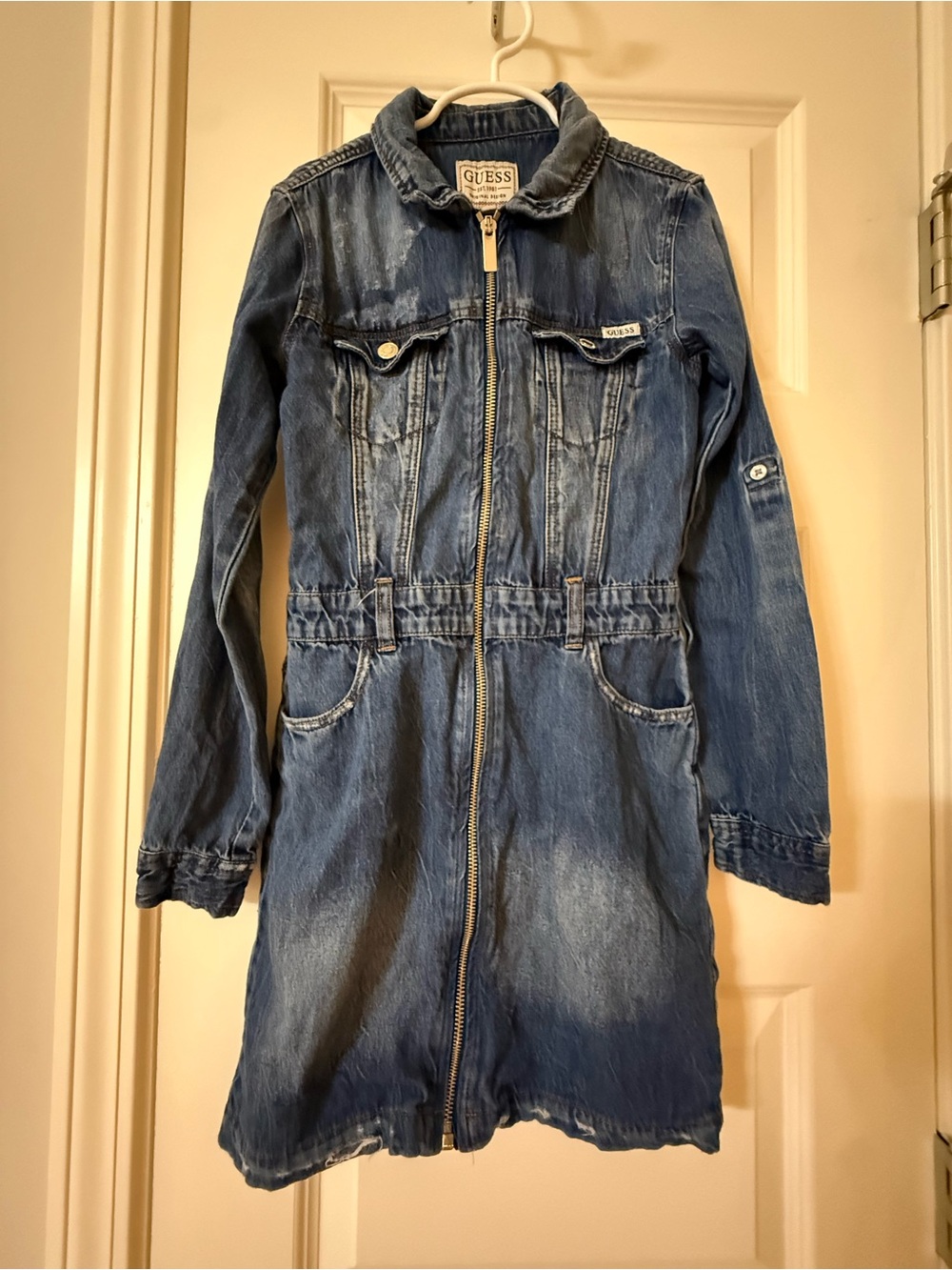 Guess Girls Denim Utility Dress Size 10 Long Sleeve Blue Jean Zip Front